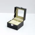 Schwarze Leder Uhrenbox mit 2 Schlitzen und Glasfenster, Uhrenkoffer Aufbewahrung Box. - Schwarzes Leder 2 Fächer