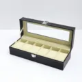 6 Slot Schwarze Leder Uhrenbox Glasdeckel Schmuck Aufbewahrung Koffer Uhrenetui Box - Schwarzes Leder 6 Fächer