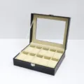 10 Steckplaetze Uhrenbox PU Leder Uhrenkoffer Schmuckkoffer mit Glasdeckel Uhrenetui - Schwarzes Leder 10 Fächer