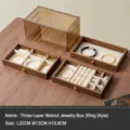 Joyero de madera de 3 capas con tapa antipolvo transparente, cajón para anillos. - Estilo de Anillo de 3 Capas / Triple Capa / Grano de Madera de Nogal