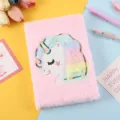 Cute pink fluffy unicorn notebook with rainbow mane, soft plush journal for students daily writing. - Style A