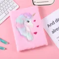 Detailed shot of cute pink plush unicorn notebook with rainbow mane and embroidery design. - 14.5*21cm / Pink