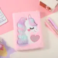 Pink fluffy unicorn notebook with cute embroidered design, perfect for school journal and gifts. - Pink