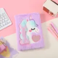 Fluffy purple unicorn notebook detail view, cute fuzzy journal diary for students and office gifts. - Purple