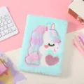Close-up detail shot of a cute fluffy unicorn notebook with soft plush cover and pastel aesthetic. - Sky Blue