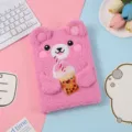 Cute pink plush notebook with fluffy bear design and boba tea graphic for kids and students. - Pink