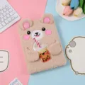 Cute plush bear notebook with boba tea pocket, soft memo pad for kids daily writing gifts. - Tan