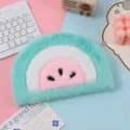 Cute plush watermelon semicircle notebook for students, soft furry diary and memo book. - Watermelon