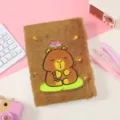 Fluffy plush notebook with cute cartoon animal embroidery, portable pocket diary memo book. - Dark Brown