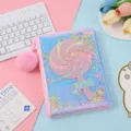 Glittering sequin A5 notebook with cute lollipop design and fluffy plush pendant for students. - Pink Plush Ball Notebook