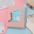 Cute plush notebook with 3D dinosaur embroidery, soft fluffy cover diary for students. - Green Dinosaur