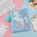 Glitter unicorn A5 notebook detail view, cute sequin shaker diary with fluffy pom-pom pendant. - Blue Unicorn Notebook