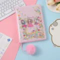 Cute glitter A5 notebook with fluffy pom pom bookmark and lovely cartoon girls design for kids. - Pink Girl