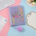 Cute A5 glitter notebook with plush ball pendant, cartoon girls pattern for students and kids. - Purple Girl