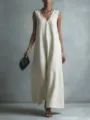 Vue détaillée d'une élégante robe longue blanche sans manches avec col en V pour le printemps. - S / Blanc