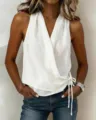 Vue detaillee haut sans manches col en V cache-coeur blanc vetements decontractes d ete. - S / Blanc