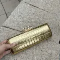 Goldene Krokodilmuster Metall Box Abendtasche mit Kette, elegante minimalistische Clutch Handtasche. - Champagner