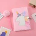 Cute pink plush unicorn notebook set with fuzzy ball pen and lock for kids and students. - With Pen / Pink