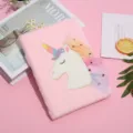 Cute cartoon unicorn plush notebook detail, soft furry cover with embroidery and mesh decoration. - 14.5*21CM / Pink
