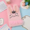 Plush rabbit notebook with crown and tutu design, cute diary for girls and kids daily use. - Pink Rabbit