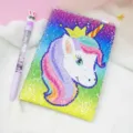 Close-up of a sparkling sequin unicorn notebook with a cute liquid glitter pen on fluffy background. - 14.5*21cm / Style 1