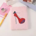 Pink plush notebook featuring a sparkling red high heel shoe embroidery design for daily writing - Pink