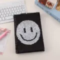 Reversible sequin notebook with smiley face design, perfect detail view for journal lovers. - Silver Smiley