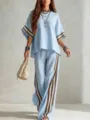 Ensemble deux pièces en lin décontracté avec haut ample et pantalon rayé pour l'été chic. - S / Haut Et Bas / Bleu ciel