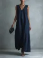 Robe maxi d'été décontractée sans manches col V unie pour mode femme élégante. - S / Bleu marine