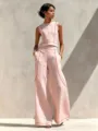 Chic pink sleeveless top and wide leg pants set with contrast stitching, stylish casual two-piece. - Pink