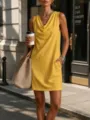 Sleeveless cowl neck yellow dress detail, stylish street style fashion look in summer. - Yellow