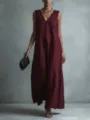 Robe longue sans manches à col en V unie décontractée pour femmes élégantes style mode - S / Bordeaux