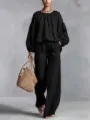 Conjunto de dos piezas negro informal con pantalones anchos, mangas farol y tela transpirable. - S / Negro