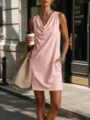 Sleeveless cowl neck slim mini dress for women, casual solid color summer streetwear. - Pink