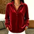 Chemisier à manches longues en velours rouge pour femme, élégant haut chic et tendance. - S / Rouge