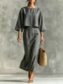 Close-up detail of the elegant grey linen blend two-piece set, featuring loose top and skirt. - Gray