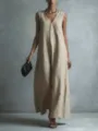Robe longue décontractée unie col V sans manches printemps été pour mode femmes élégante - S / Kaki