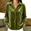 Chemisier manches longues en velours pour femme automne hiver mode col rabattu top - S / Vert Militaire
