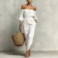 Vestido largo blanco de hombros descubiertos para mujer vacaciones cintura nido abeja - S / Blanco
