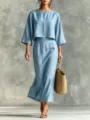 Detailed view of the elegant light blue two-piece linen-blend outfit, showing the relaxed fit. - Sky Blue