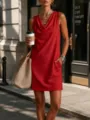 Women's sleeveless cowl neck dress burgundy slim fit casual summer streetwear detailed view. - Red