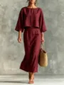 Ensemble deux pieces bordeaux en lin avec haut ample et jupe longue taille haute. - S / Haut Et Bas / Bordeaux