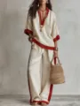 Ensemble deux pièces pour femme de début d'automne avec haut col V bicolore et pantalon large. - XS / Haut Et Bas / Milky blanc