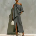 Ensemble élégant gris haut noué asymétrique et jupe longue fendue pour femme vue principale. - S / Ensemble / Gris