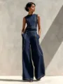 Ensemble chic haut sans manches bleu marine et pantalon large avec liseré contrasté été. - S / Hauts / Bleu marine