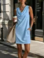 Summer sleeveless cowl neck mini dress casual daily wear elegant chic streetwear outfit - Sky Blue