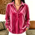 Women velvet long sleeve collared shirt pink button down top casual elegant apparel piece - Rose Red