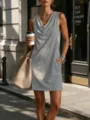 Women sleeveless cowl neck mini dress casual slim solid color summer stylish streetwear apparel - Gray