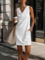 Femme robe élégante blanche sans manches col bénitier été casual slim fit avec poches - S / Blanc