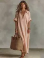 Casual loose solid color short sleeve midi dress in apricot with woven straw bag. - Pink